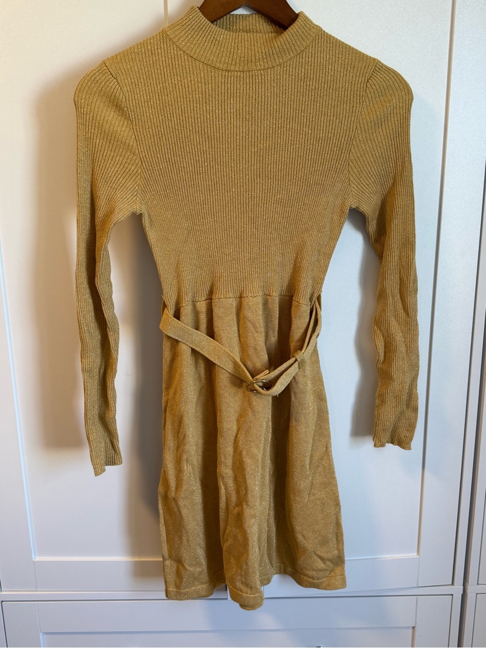 Free People Long-Sleeve Mock Neck Belted Knit Dress in Mustard